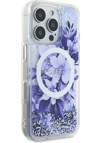 Apple iPhone 16 Pro Uyumlu Kılıf Guess Orjinal Lisanslı Magsafe Özellikli Sıvılı Simli Çiçek Desenli Mor modelleri
