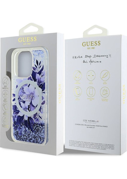 Apple iPhone 16 Pro Uyumlu Kılıf Guess Orjinal Lisanslı Magsafe Özellikli Sıvılı Simli Çiçek Desenli Mor indirimleri