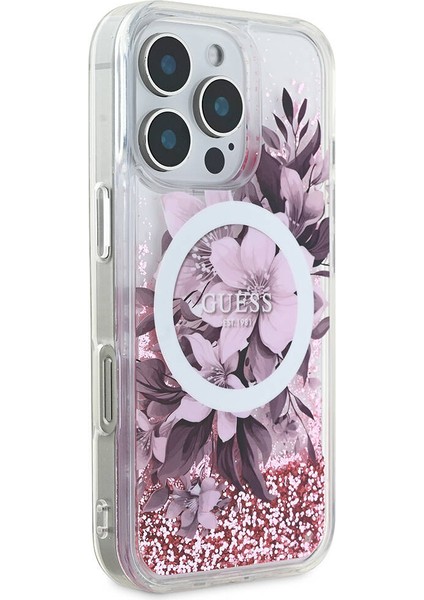 Apple iPhone 16 Pro Max Uyumlu Kılıf Guess Orjinal Lisans Magsafe Özellik Sıvılı Simli Çiçek Desenli Pembe modelleri