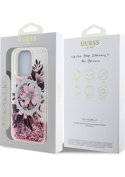 Apple iPhone 16 Pro Max Uyumlu Kılıf Guess Orjinal Lisans Magsafe Özellik Sıvılı Simli Çiçek Desenli Pembe indirimleri