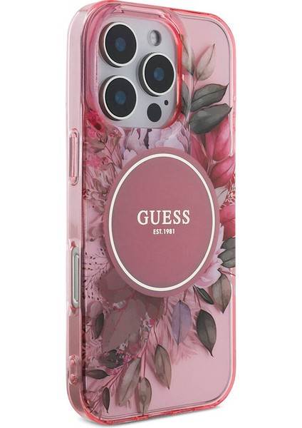 Apple iPhone 16 Pro Kılıf Guess Orjinal Lisanslı Magsafe Özellikli Iml Baskılı Çiçek Inci Bileklikli Pembe modelleri
