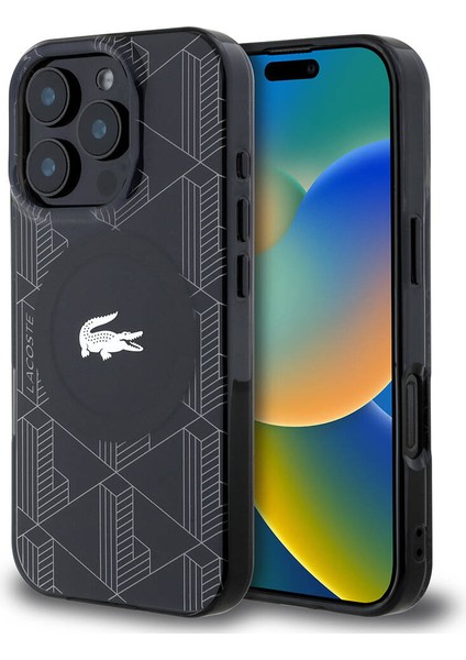 Apple iPhone 16 Pro Max Kılıf Lacoste Lisanslı Magsafe Özellik Iml Baskı Timsah Logolu Monogram Siyah