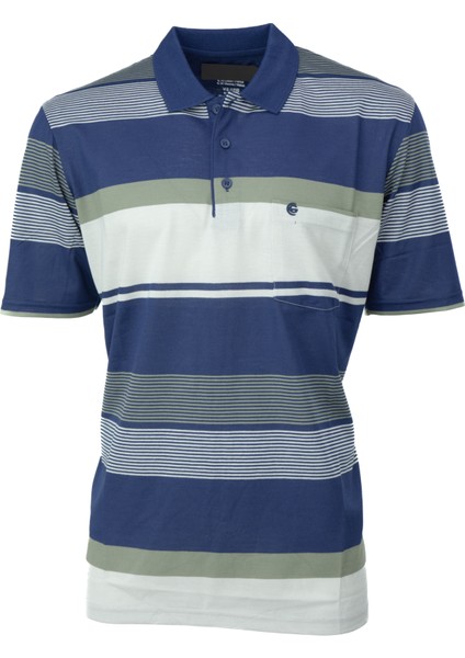 Erkek Pamuklu Ringelli Kumaş T-Shirt Polo Yaka Cepli Kısa Kol Şık Çizgi Desenli Tam Kalıp
