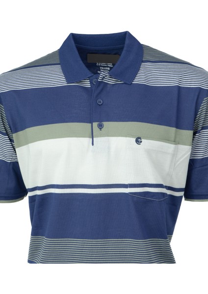 Erkek Pamuklu Ringelli Kumaş T-Shirt Polo Yaka Cepli Kısa Kol Şık Çizgi Desenli Tam Kalıp
