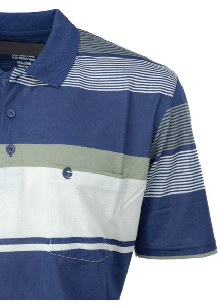 Erkek Pamuklu Ringelli Kumaş T-Shirt Polo Yaka Cepli Kısa Kol Şık Çizgi Desenli Tam Kalıp