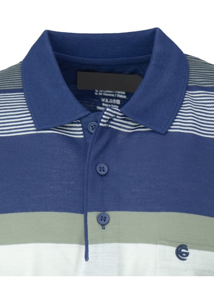 Erkek Pamuklu Ringelli Kumaş T-Shirt Polo Yaka Cepli Kısa Kol Şık Çizgi Desenli Tam Kalıp