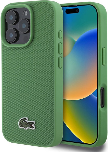 Apple iPhone 16 Pro Max Kılıf Lacoste Orjinal Lisanslı Pu Pike Desenli Ikonik Timsah Dokuma Logolu Yeşil
