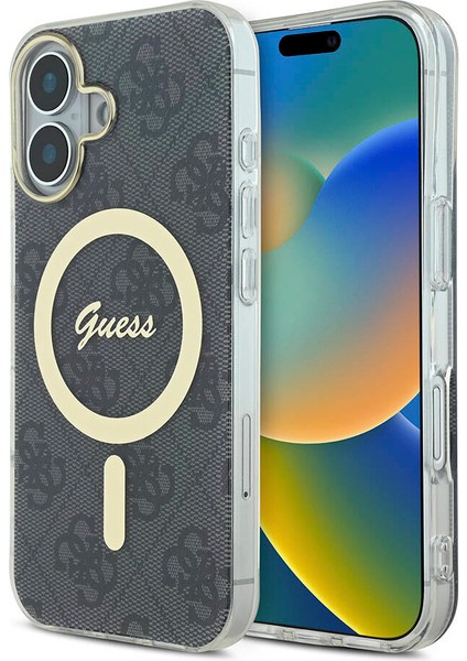 Apple iPhone 16 Uyumlu Kılıf Guess Orjinal Lisanslı Magsafe Şarj Özellikli Yazı Logolu 4g Desenli Siyah