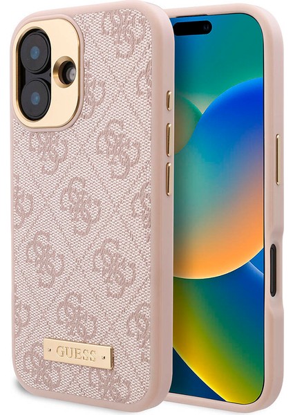 Apple iPhone 16 Kılıf Guess Orjinal Lisanslı Magsafe Özellik Pu 4g Desenli Metal Plaka Klasik Logolu Pembe