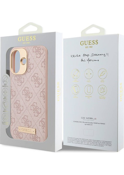 Apple iPhone 16 Kılıf Guess Orjinal Lisanslı Magsafe Özellik Pu 4g Desenli Metal Plaka Klasik Logolu Pembe indirimleri