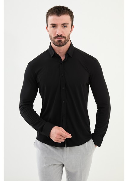 Düz Siyah Slim Fit Erkek Gömlek