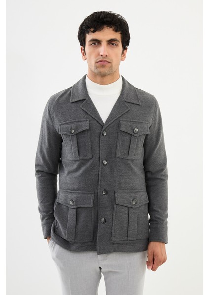 Düz Gri Slim Fit Torba Cep Erkek Trench Coat