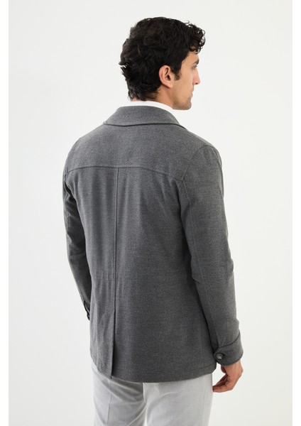 Düz Gri Slim Fit Torba Cep Erkek Trench Coat