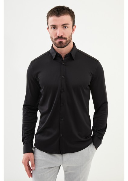 Düz Siyah Slim Fit Erkek Gömlek