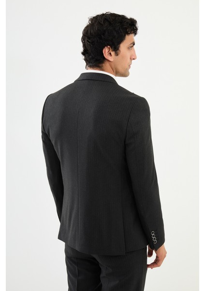 Çizgili Antrasit Slim Fit Geniş Yaka Kruvaze Klasik Yün Erkek Takım Elbise fırsatları