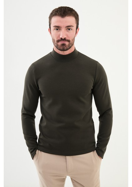 Düz Haki Slim Fit Yarım Balıkçı Yaka Uzun Kollu Erkek T-Shirt