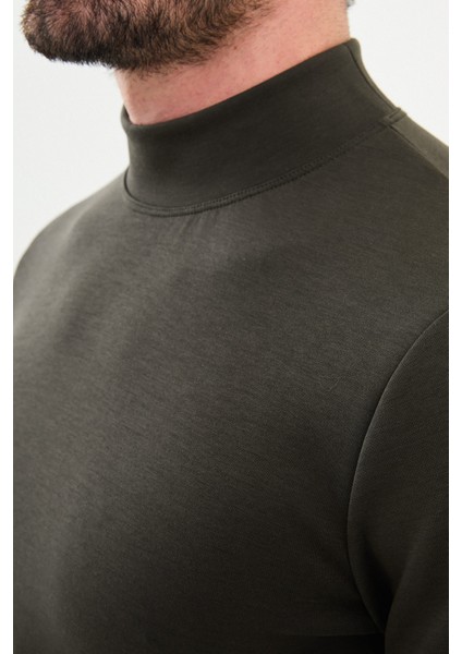 Düz Haki Slim Fit Yarım Balıkçı Yaka Uzun Kollu Erkek T-Shirt fiyatları