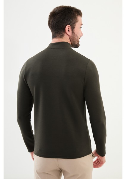 Düz Haki Slim Fit Yarım Balıkçı Yaka Uzun Kollu Erkek T-Shirt modelleri