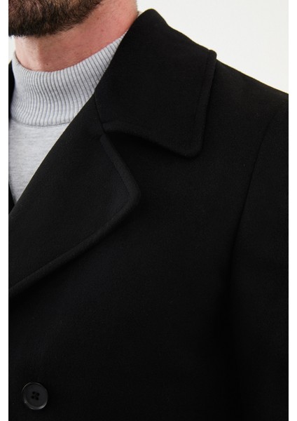 Düz Siyah Slim Fit Geniş Yaka Kruvaze Kaşe Erkek Kaban fiyatları
