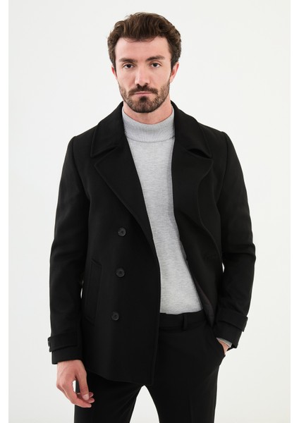Düz Siyah Slim Fit Geniş Yaka Kruvaze Kaşe Erkek Kaban modelleri