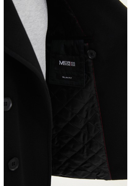 Düz Siyah Slim Fit Geniş Yaka Kruvaze Kaşe Erkek Kaban indirimleri