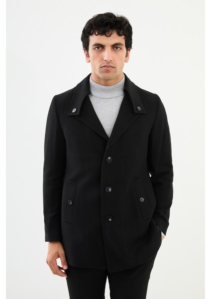 Düz Siyah Slim Fit Açık Yaka Kaşe Erkek Kaban modelleri