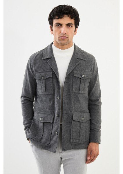 Düz Gri Slim Fit Torba Cep Erkek Trench Coat