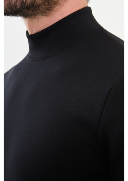 Düz Siyah Slim Fit Yarım Balıkçı Yaka Uzun Kollu Erkek T-Shirt fiyatları