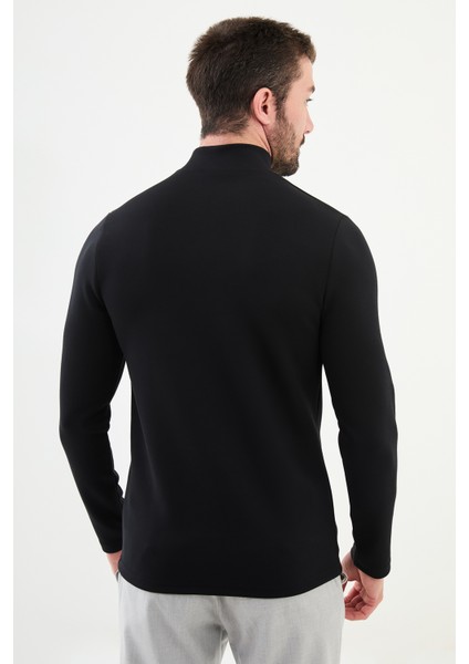 Düz Siyah Slim Fit Yarım Balıkçı Yaka Uzun Kollu Erkek T-Shirt modelleri