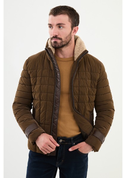 Kapitone Kamel Rengi Slim Fit Kürklü Dik Yaka Erkek Mont