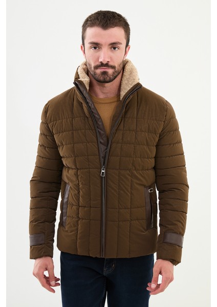 Kapitone Kamel Rengi Slim Fit Kürklü Dik Yaka Erkek Mont