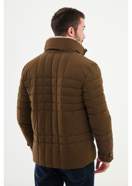 Kapitone Kamel Rengi Slim Fit Kürklü Dik Yaka Erkek Mont