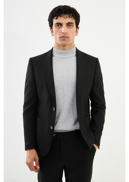 Desenli Siyah Slim Fit Torba Cep Mono Yaka Erkek Takım Elbise