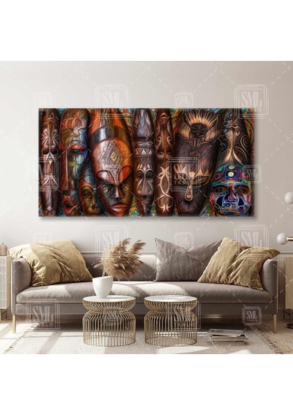 Afrikan Ahşap Maskeleri Afrika Kabile Yaşamı African Masks Enine Yatay Kanvas Tablo