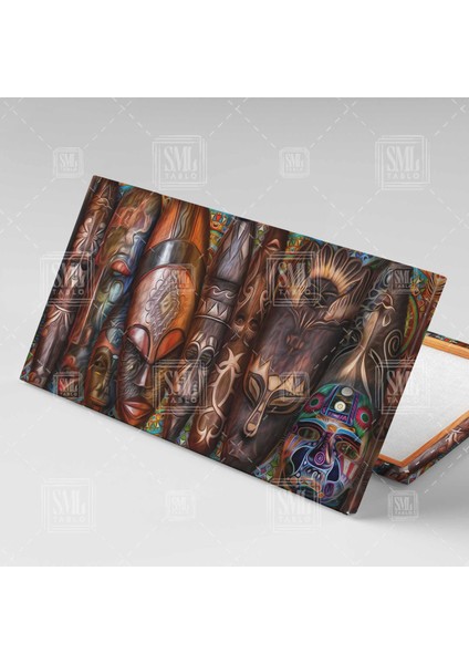 Afrikan Ahşap Maskeleri Afrika Kabile Yaşamı African Masks Enine Yatay Kanvas Tablo
