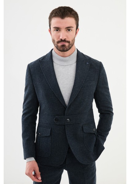 Kırçıllı Lacivert Slim Fit Kemer Detaylı Geniş Yaka Yün Erkek Takım Elbise