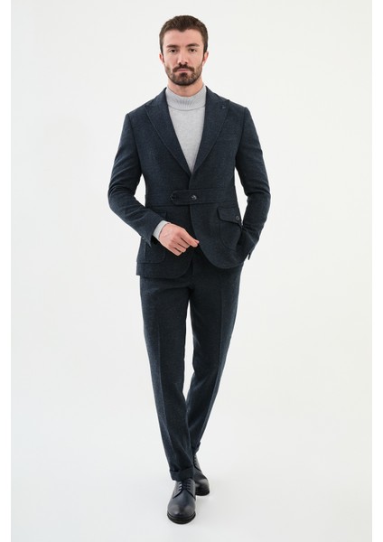 Kırçıllı Lacivert Slim Fit Kemer Detaylı Geniş Yaka Yün Erkek Takım Elbise modelleri