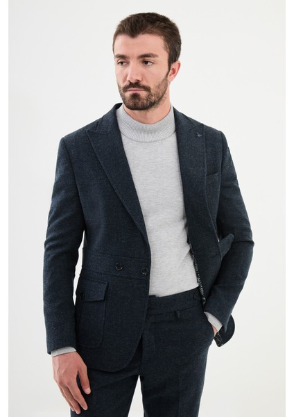 Kırçıllı Lacivert Slim Fit Kemer Detaylı Geniş Yaka Yün Erkek Takım Elbise fırsatları