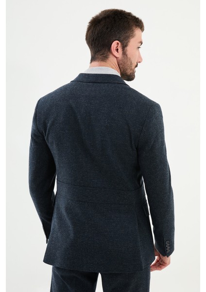 Kırçıllı Lacivert Slim Fit Kemer Detaylı Geniş Yaka Yün Erkek Takım Elbise indirimleri