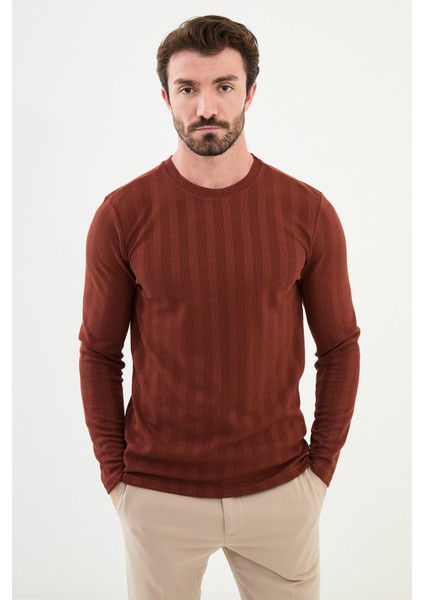 Desenli Kiremit Rengi Slim Fit Bisiklet Yaka Uzun Kollu Erkek T-Shirt