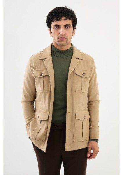 Düz Bej Slim Fit Torba Cep Erkek Trench Coat