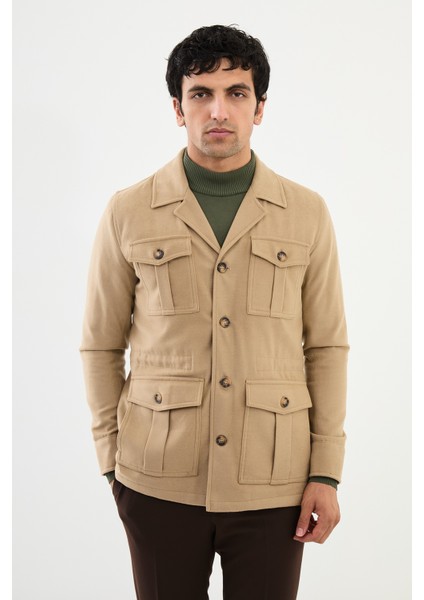 Düz Bej Slim Fit Torba Cep Erkek Trench Coat modelleri