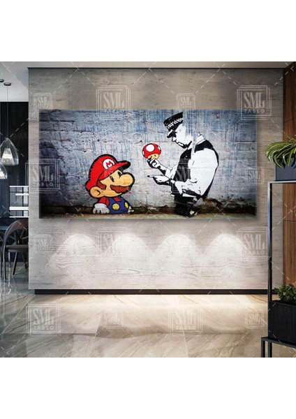Super Mario ve Mantarı Banksy Dekor Nostaljik Oyun Karakteri Enine Yatay Kanvas Tablo