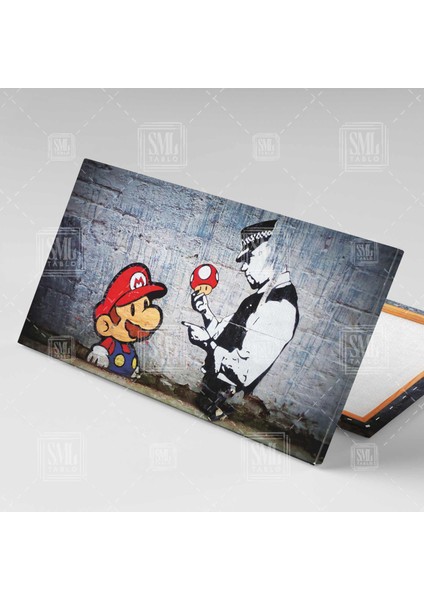 Super Mario ve Mantarı Banksy Dekor Nostaljik Oyun Karakteri Enine Yatay Kanvas Tablo