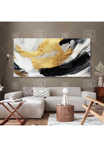 Gold ve Siyah Fırça Izleri Lüks Dekor Modern Enine Yatay Kanvas Tablo