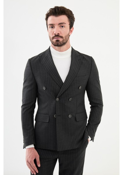 Çizgili Siyah Slim Fit Geniş Yaka Kruvaze Klasik Erkek Takım Elbise