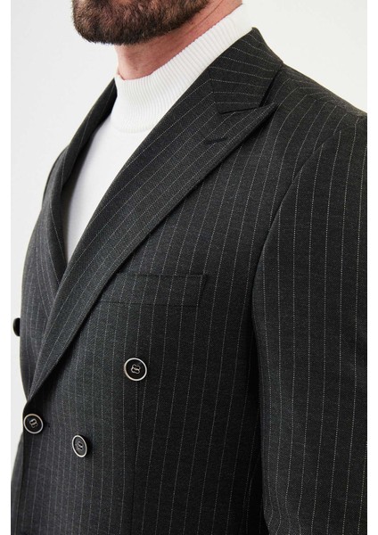 Çizgili Siyah Slim Fit Geniş Yaka Kruvaze Klasik Erkek Takım Elbise