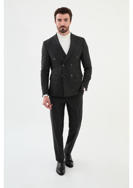 Çizgili Siyah Slim Fit Geniş Yaka Kruvaze Klasik Erkek Takım Elbise