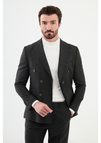 Çizgili Siyah Slim Fit Geniş Yaka Kruvaze Klasik Erkek Takım Elbise