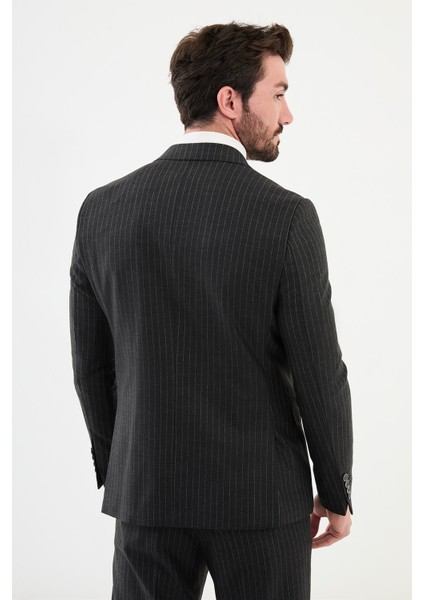 Çizgili Siyah Slim Fit Geniş Yaka Kruvaze Klasik Erkek Takım Elbise